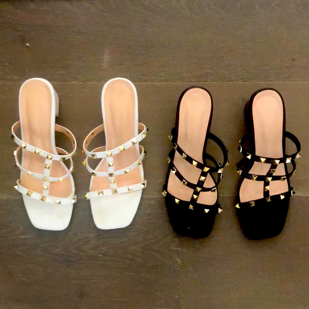 Pyramid studs lend a modern aesthetic to this classic block heel sandal.